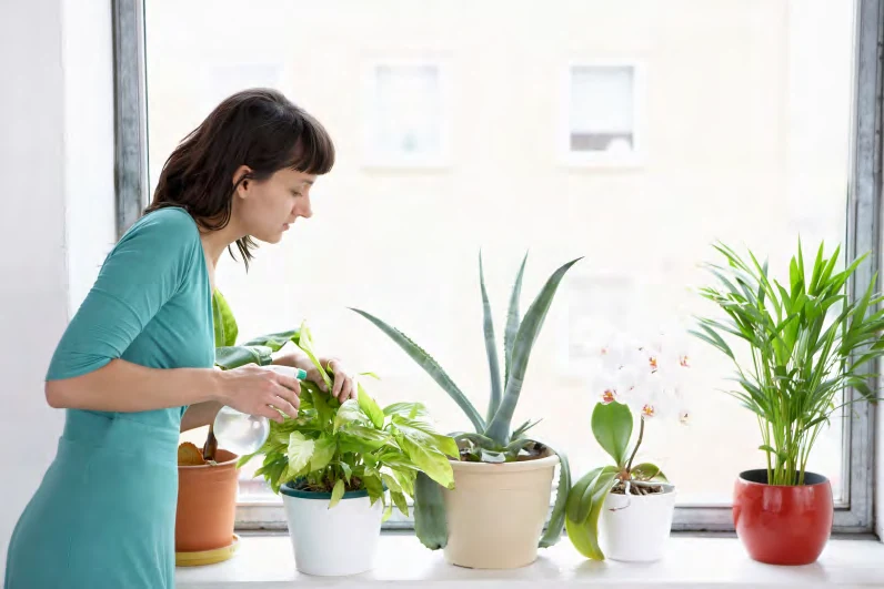 観葉植物へ水やりをする様子