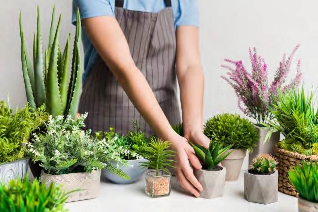 さまざまな種類の植物を手入れする様子
